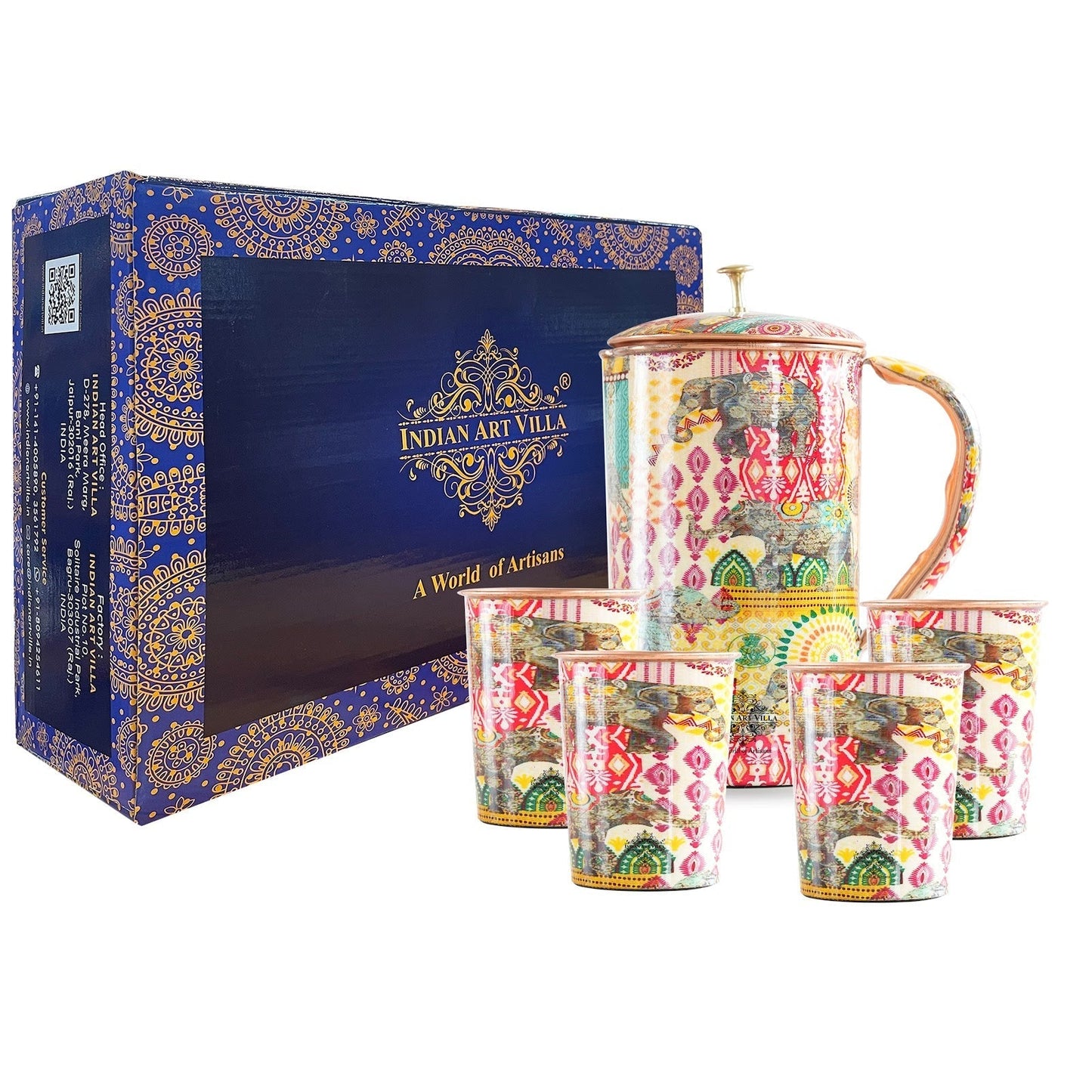 Pure Copper Printed Padharo Mhare Desh Jug & Glass Gift Set