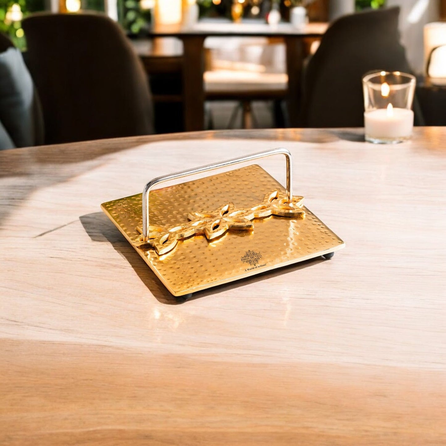 Brass Finish Hammered Napkin Holder with Floral Design - Elegant Table Accessory for Dining, Kitchen, Office, and Gifting