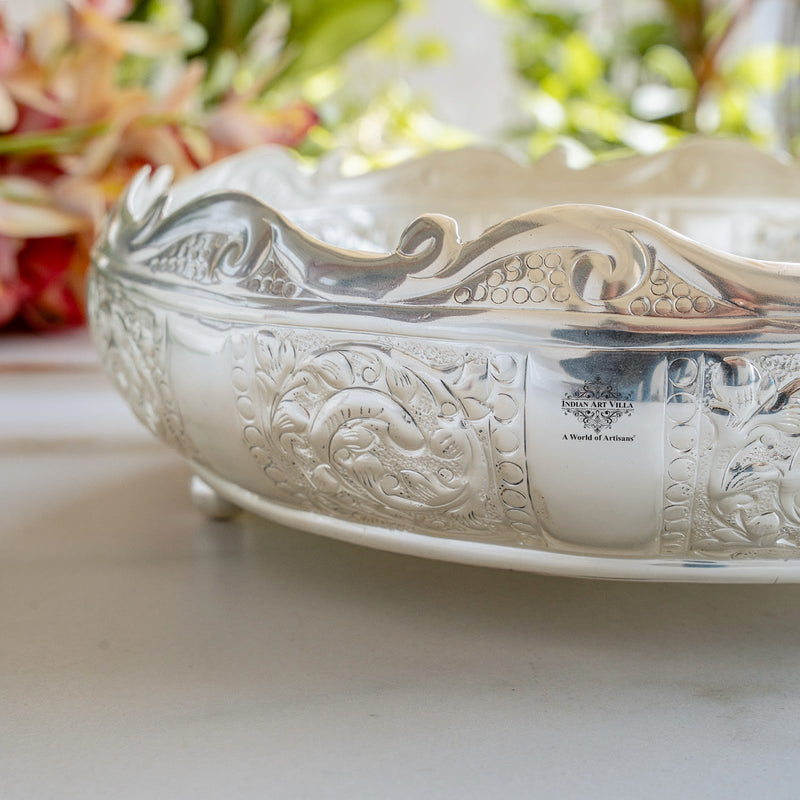 Silver Plated Embossed Scalloped Urli with Lotus Design For Home décor