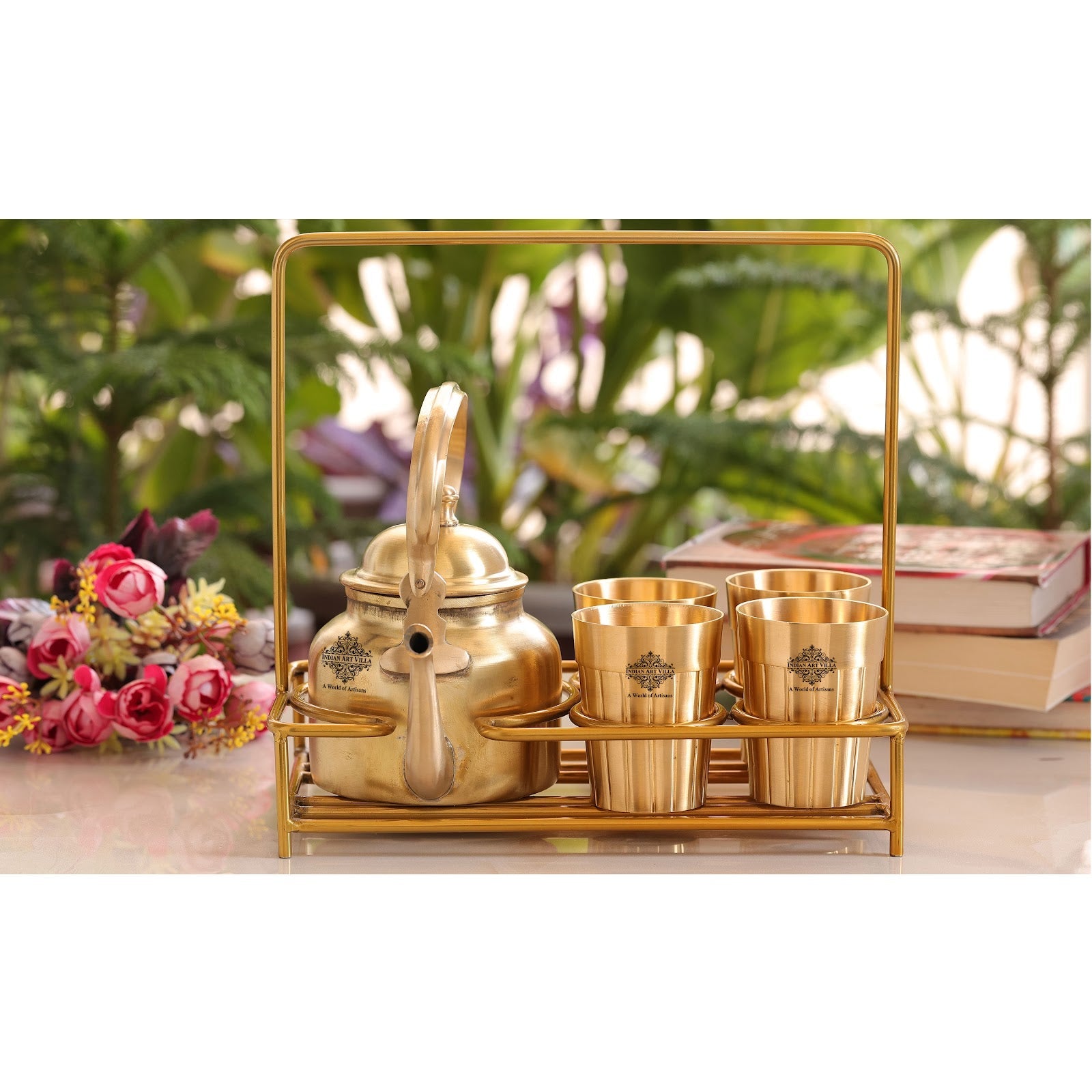 Handmade Pure Brass Tea Kettle with 4 Brass Tea Cups with Serving Stand