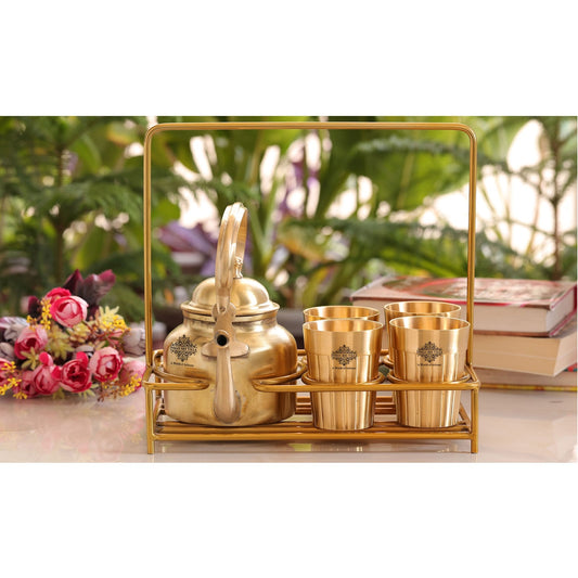 Handmade Pure Brass Tea Kettle with 4 Brass Tea Cups with Serving Stand