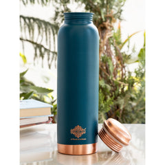 Copper Bottle with Silk Finish Lacquer Coating – Teal Blue Color, 900 ML