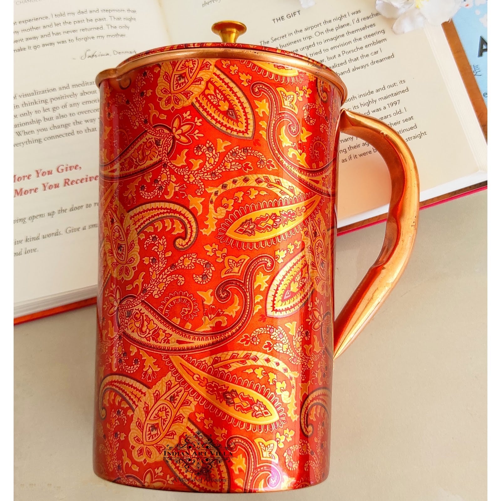 Pure Copper Paisley Printed Design Jug With Brass Knob on Lid