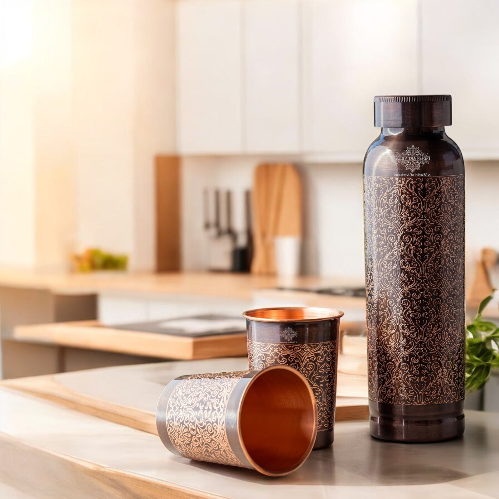 Antique Embossed Copper Bottle Gift Set – Includes 1 Designer Copper Bottle & 2 Matching Glasses | Ideal for Daily Use, Ayurvedic Health Benefits, Office Desk, Home Décor & Festive Gifting-1450 ML