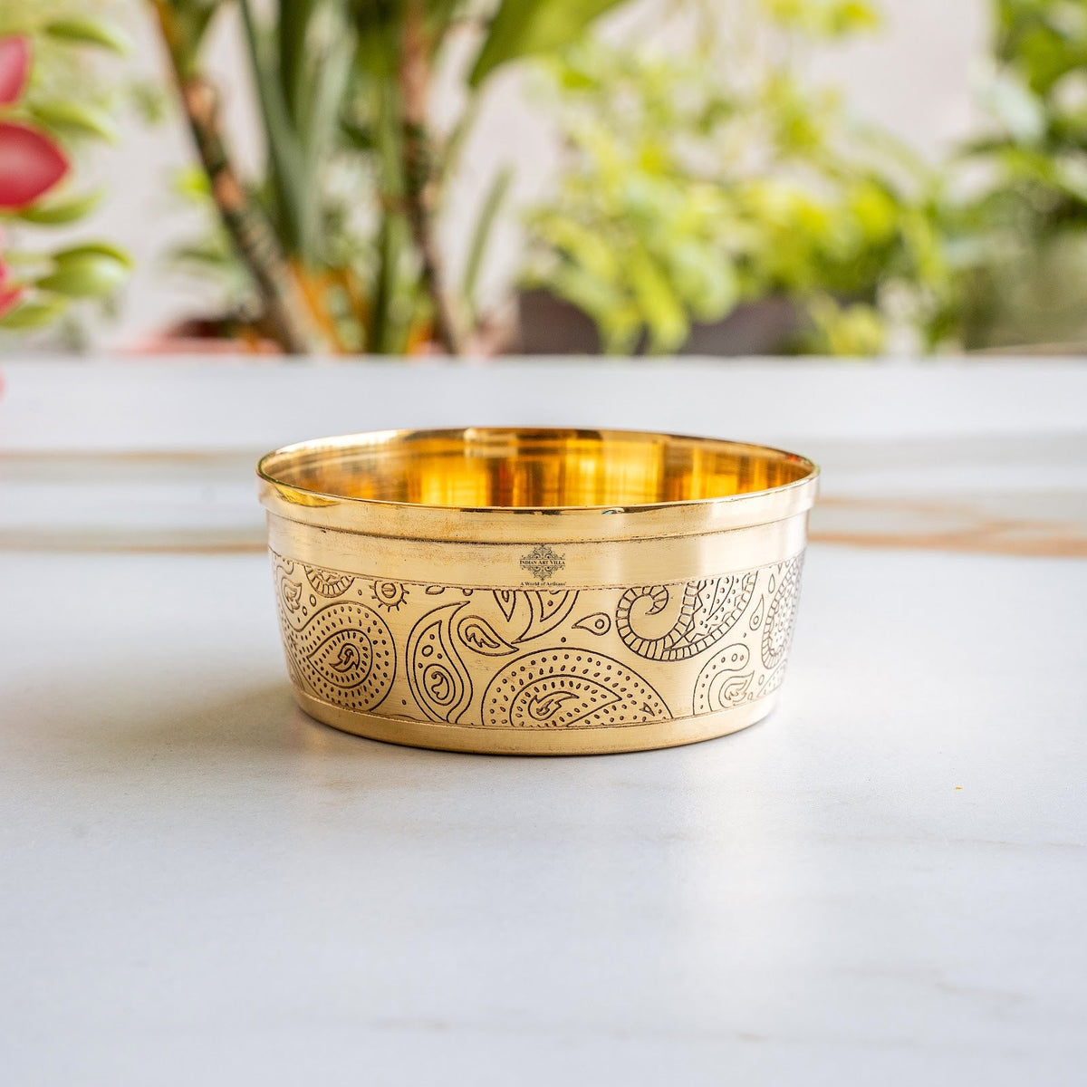 Pure Brass Embossed Thali Set 31.75 cm with Bowls, Spoon & Glass