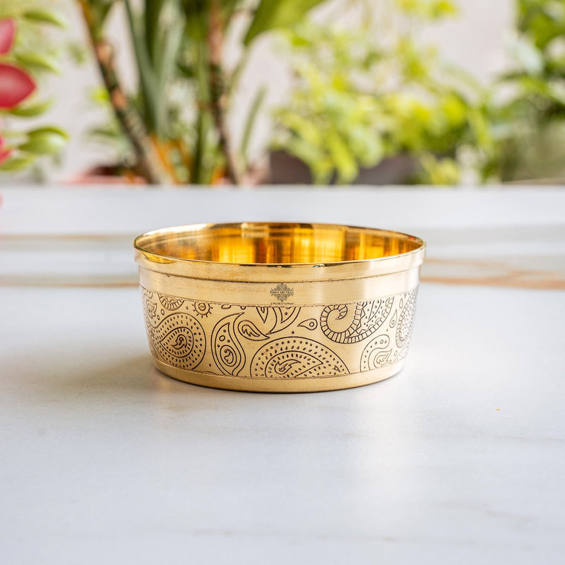 Pure Brass Embossed Thali Set 31.75 cm with Bowls, Spoon & Glass