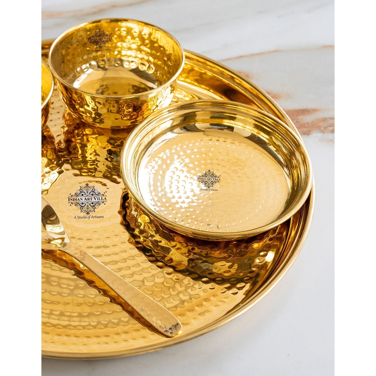 Pure Brass Matt Finish & Hammered 7 Pieces Dinner Set / Thali Set | DinnerWare |
