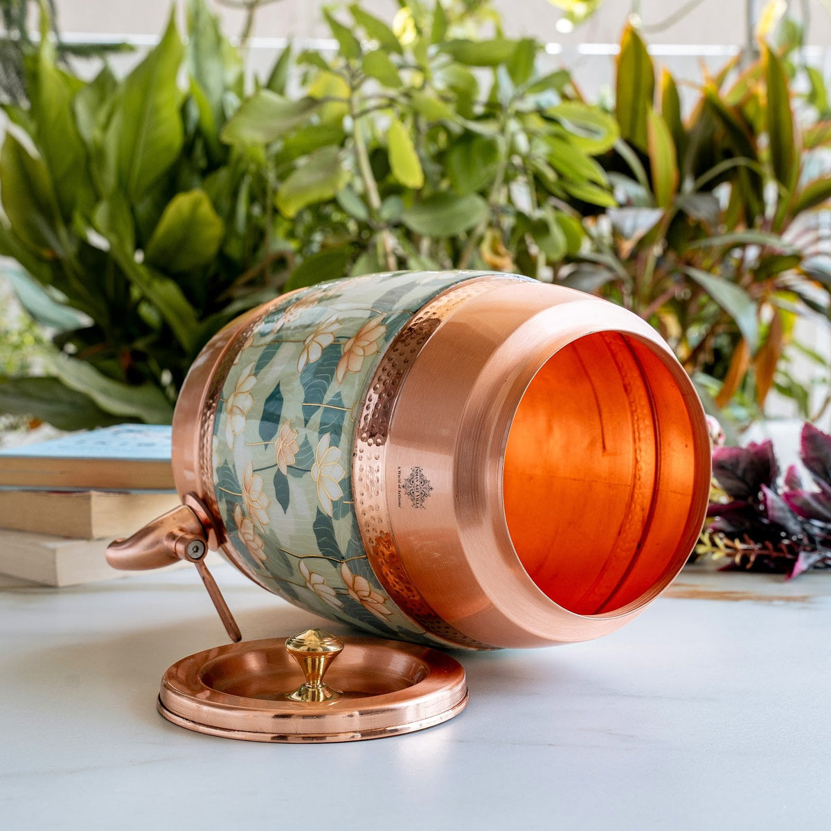 Copper Water Pot with Hammered Lotus Design & Brass Tap – 5300 ML