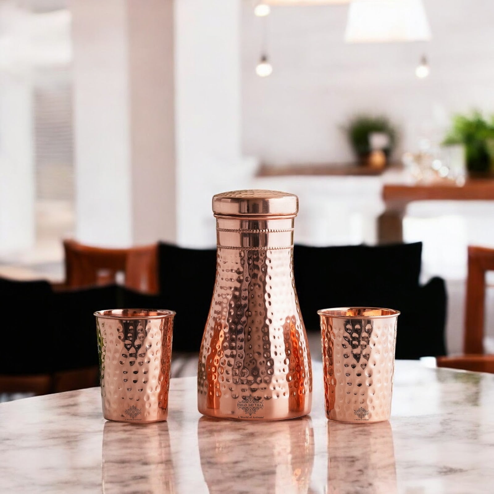 Pure Copper Drinkware Gift Set – Hammered Design, Water Bottle (900 ML) & 2 Glasses (275 ML) Set