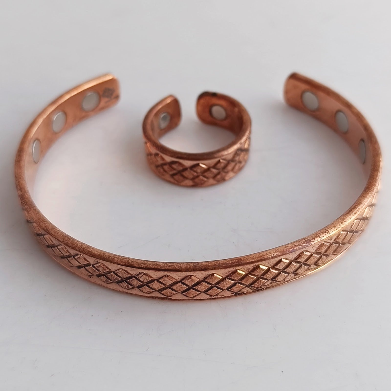 Pure Copper Diamond Design Bangle with Magnet & Matching Ring