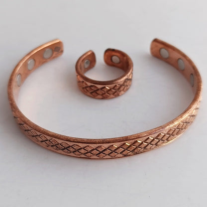 Pure Copper Diamond Design Bangle with Magnet & Matching Ring
