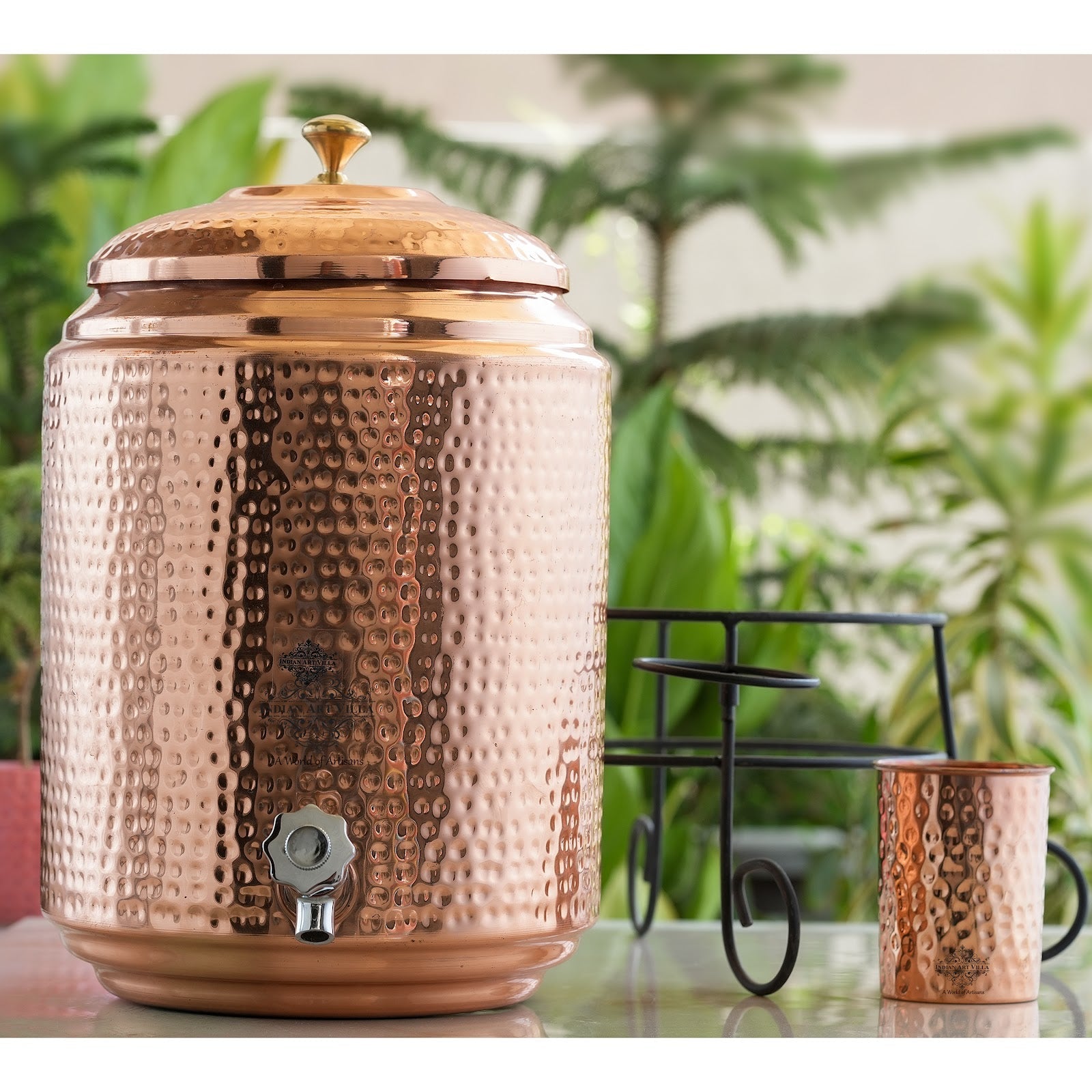 Pure Copper Hammered Design Water Pot Heavy Gauge with Brass Tap & Copper Glass & Stand, Volume- 10 liters