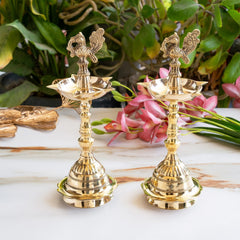Brass Pillar Diya Set of 2 - Traditional South Indian Temple Oil Lamps