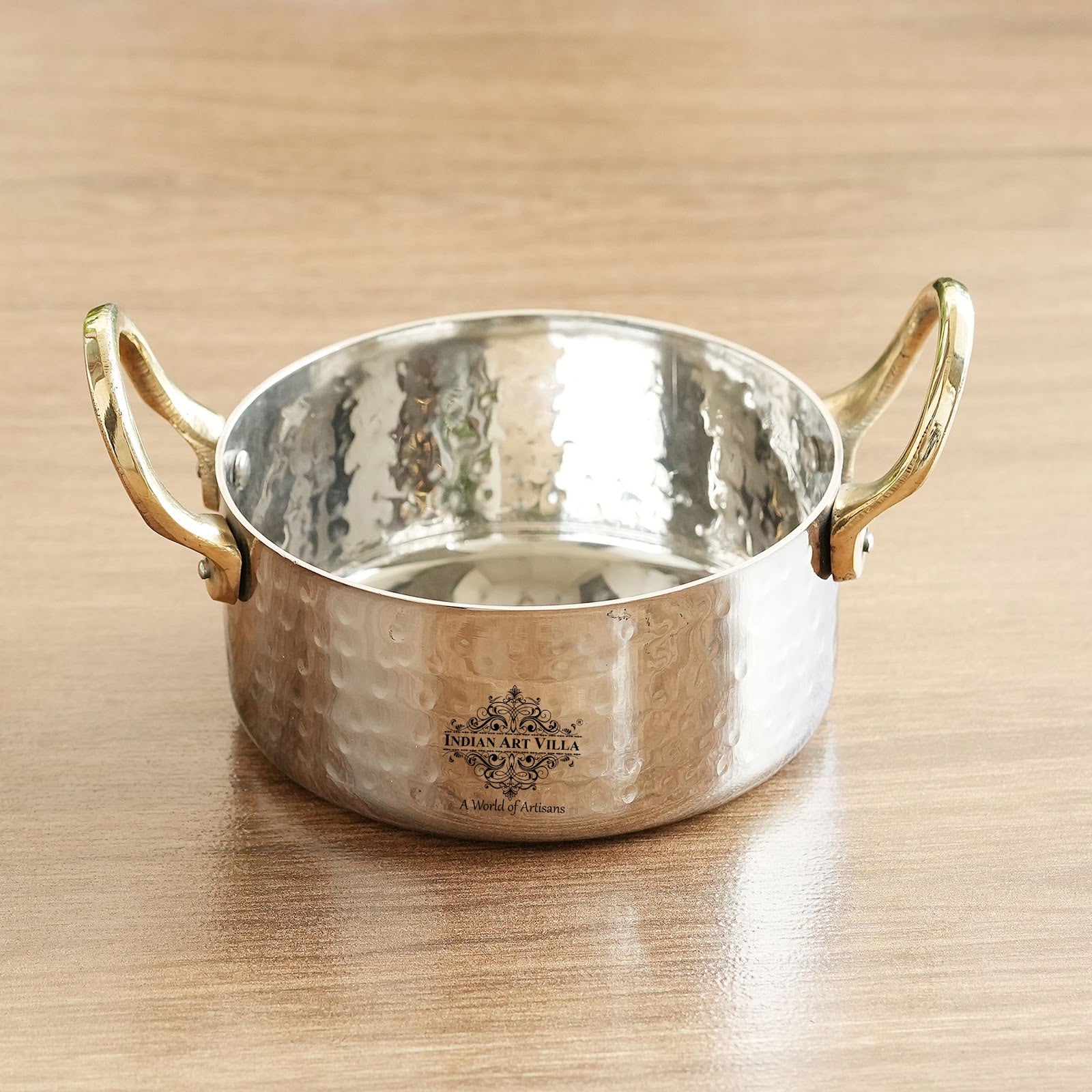 Stainless Steel Serving Bowl with Brass Handles, Hammered Design, Ideal Small Serving Bowl for Curry, Dal and Sides – Elegant Tableware for Home & Restaurant Use