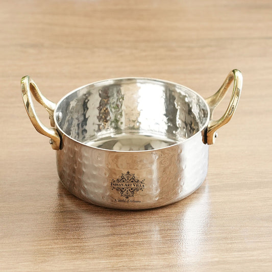 Stainless Steel Serving Bowl with Brass Handles, Hammered Design, Ideal Small Serving Bowl for Curry, Dal and Sides – Elegant Tableware for Home & Restaurant Use