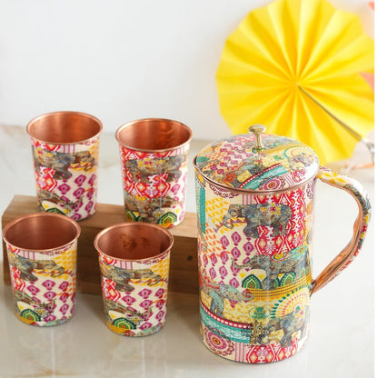 Pure Copper Printed Padharo Mhare Desh Jug & Glass Gift Set