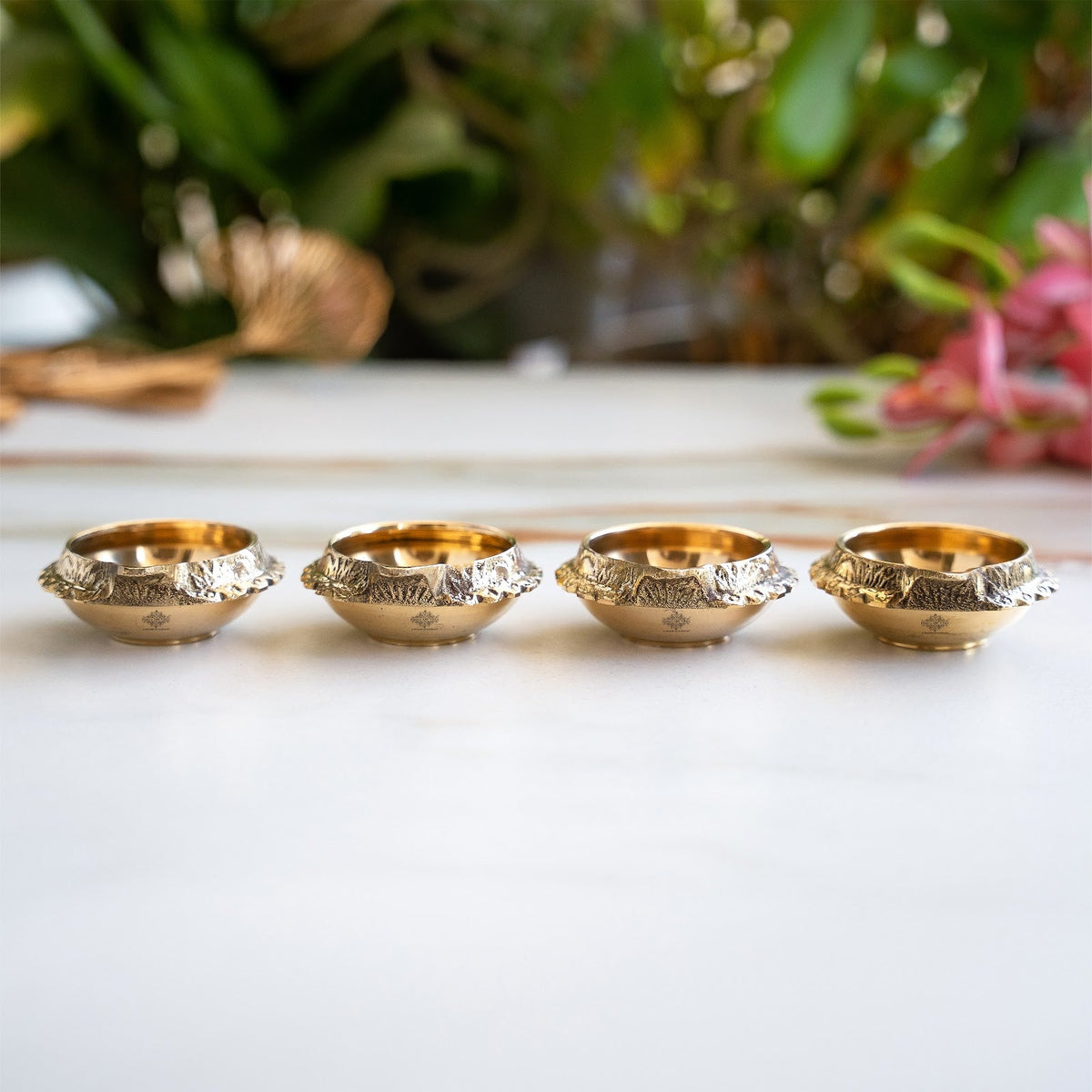Brass Diya Set of 4 with Embossed Design & Shine Finish
