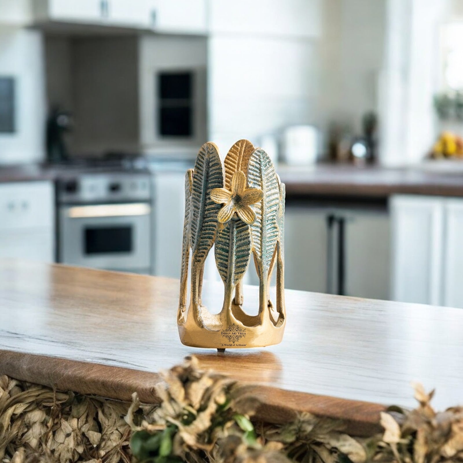 Gold Finish Green Leaf Design Decorative Cutlery Stand– Elegant Handcrafted Multipurpose Holder, Ideal for Dining Table, Kitchen, and Gifting