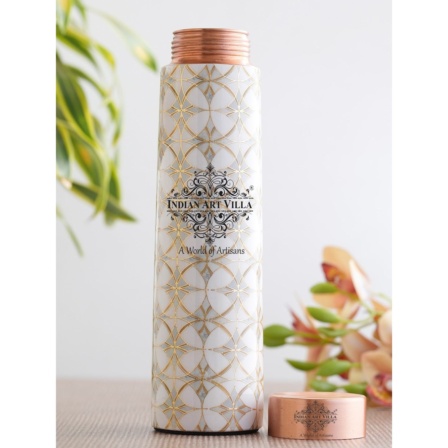 Pure Copper Water Bottle with Pyramid Shape Gold Print Design, 800 ML