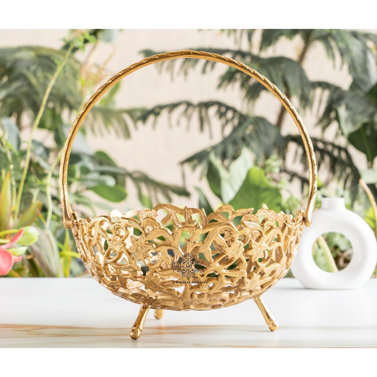 Brass Hanging Basket with Intricate Cutwork Design – Decorative Brass Finish Basket