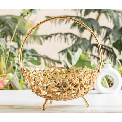 Brass Hanging Basket with Intricate Cutwork Design – Decorative Brass Finish Basket