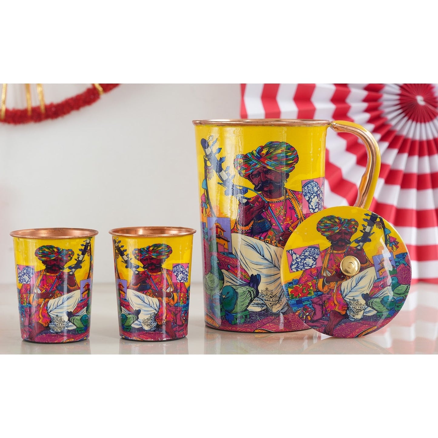 Pure Copper Printed Padharo Mhare Desh Jug & Glass Gift Set