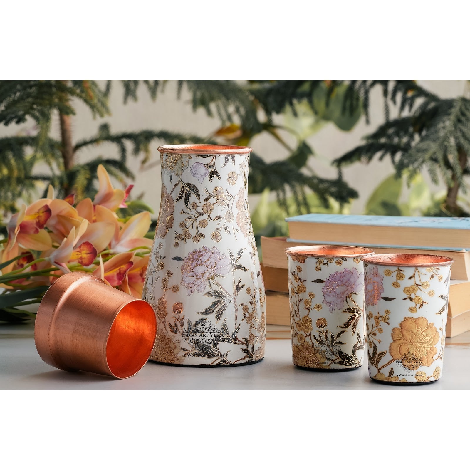 Copper Gold Printed Bedroom Bottle with 2 Glass Set – 900 ML Bottle & 300 ML Glass