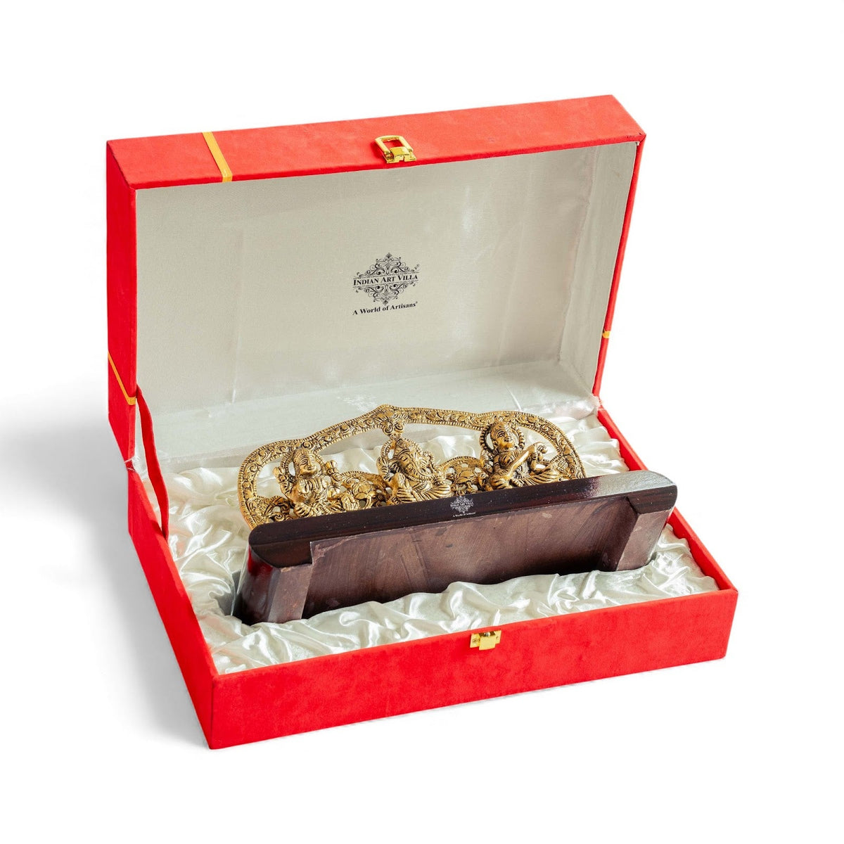Brass Finish Ganesh, Laxmi & Saraswati Idol with Velvet Gift Box