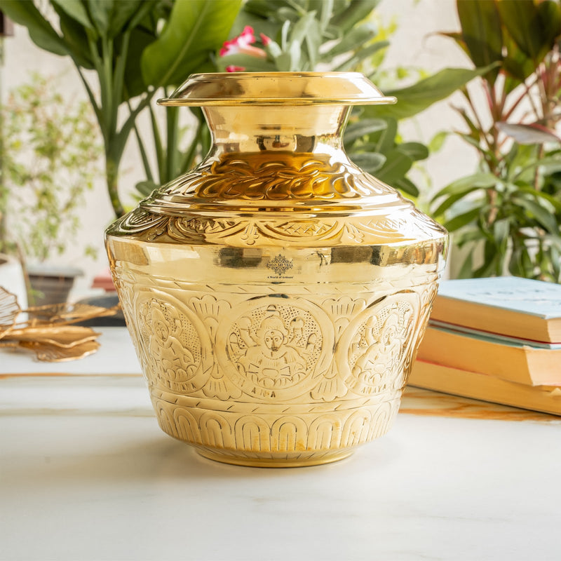 Brass Embossed Kalash with Scrollwork & Base, 3950ml — Hand-Embossed Finish – Authentic Brass