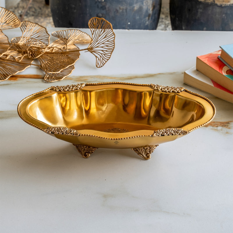 Pure Brass Oval Tray With Antique Floral Design For Home Décor - 31.75 cm
