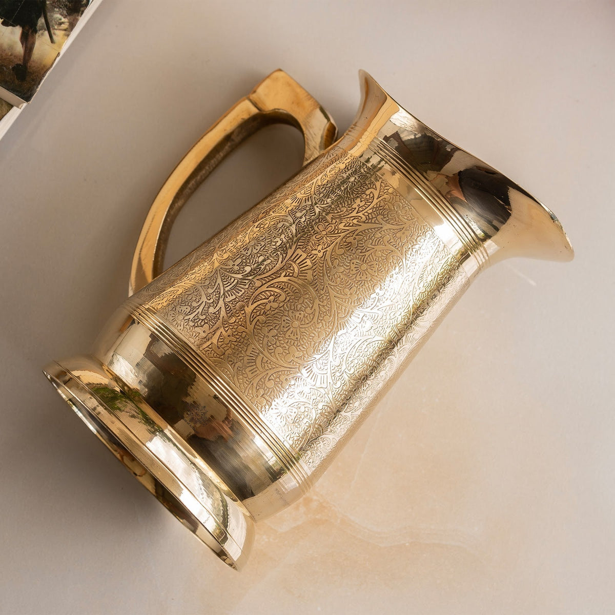 Pure Brass Embossed Design Jug | Handcrafted Pitcher | 1050 ML