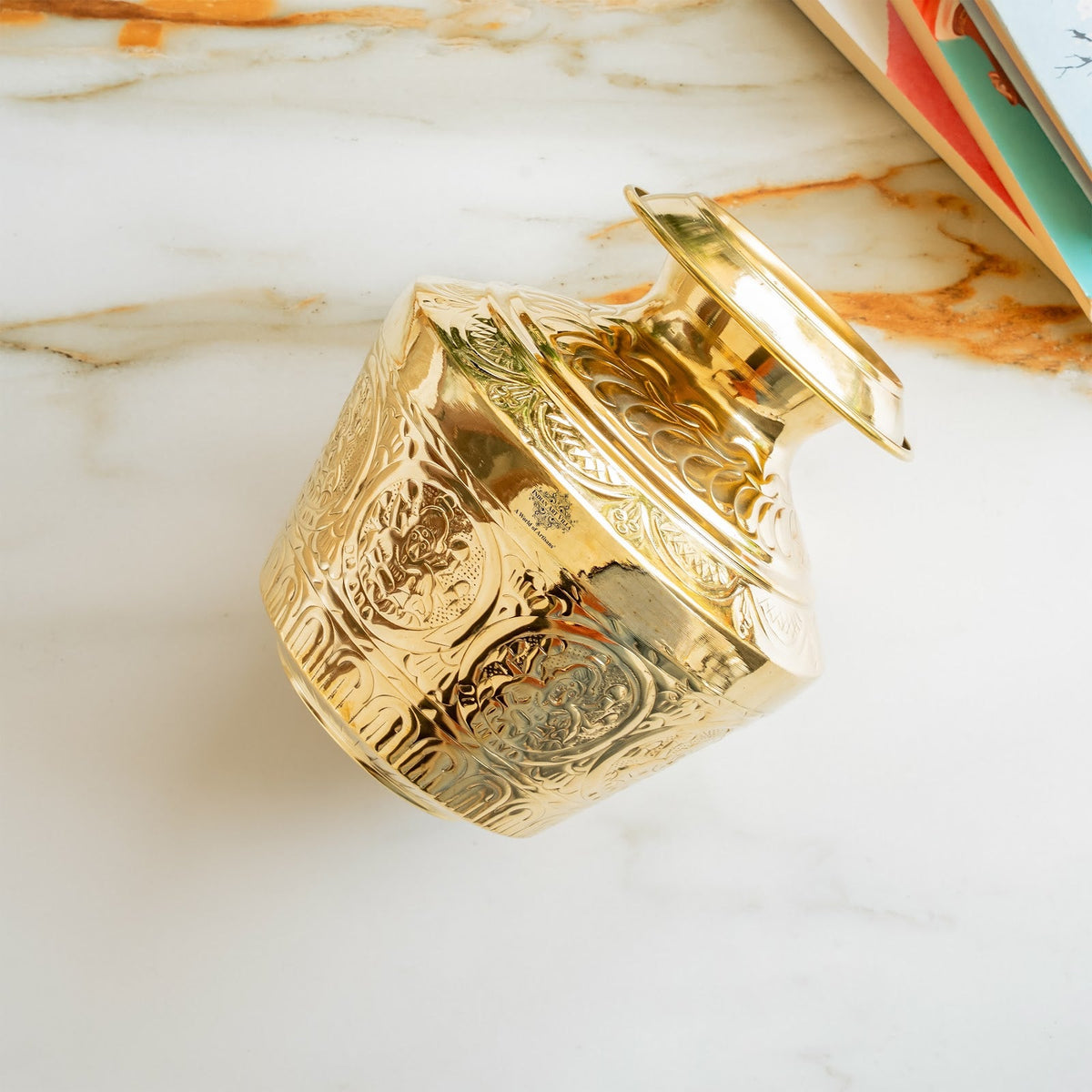 Brass Embossed Kalash with Scrollwork & Base, 3950ml — Hand-Embossed Finish – Authentic Brass