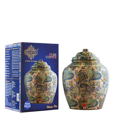 Copper Water Pot/Dispenser/ Matka in Green Paisley Printed Design with Brass Tap,13 Ltr