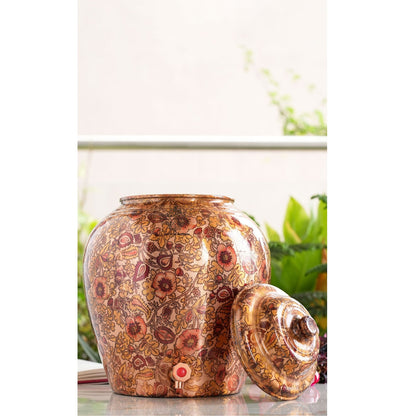 IndianAtVilla Printed Flower Design Copper Water Dispenser Pot Matka, Storage, Home Kitchen Garden
