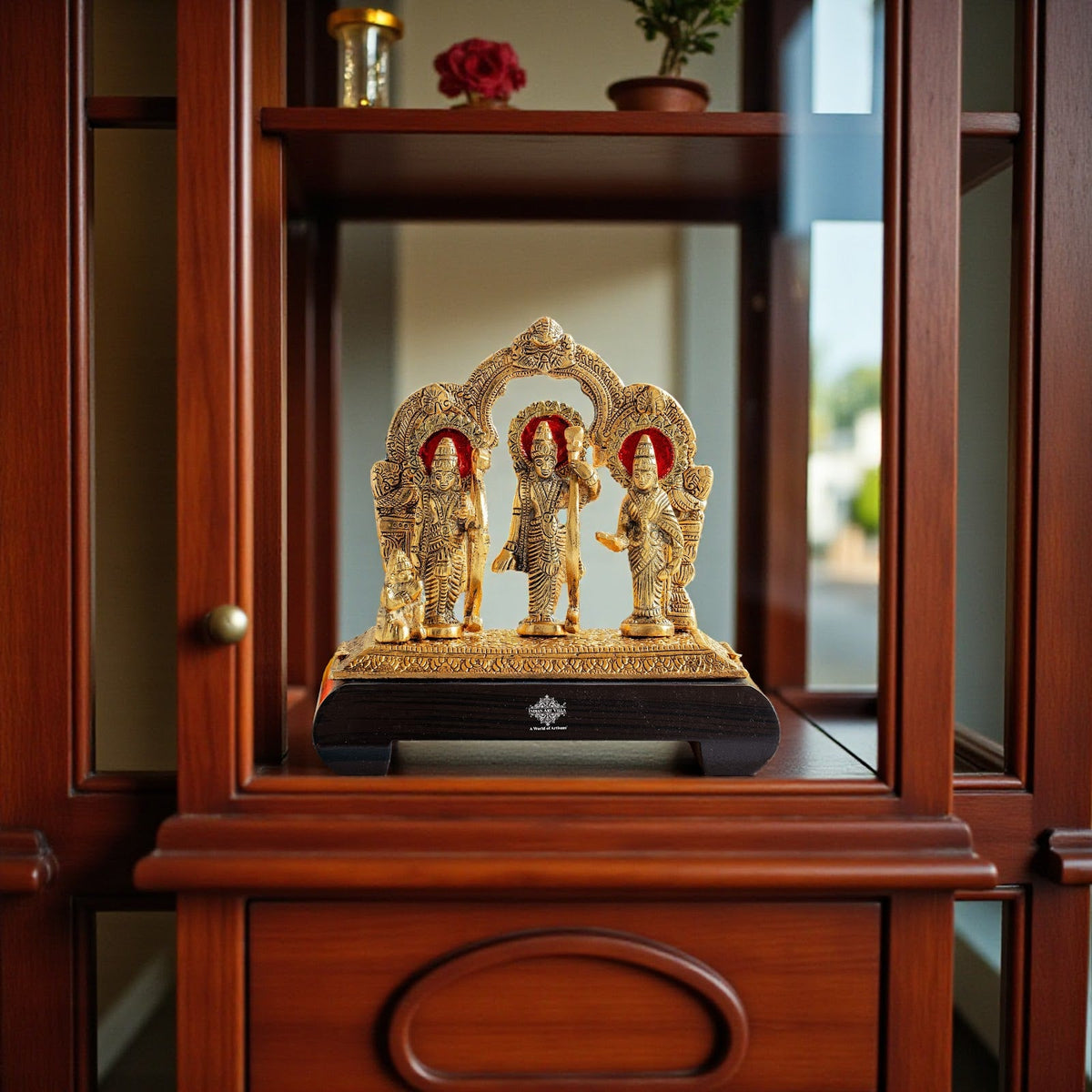 Brass Finish Ram Darbar Murti with Wooden Base for Home Temple