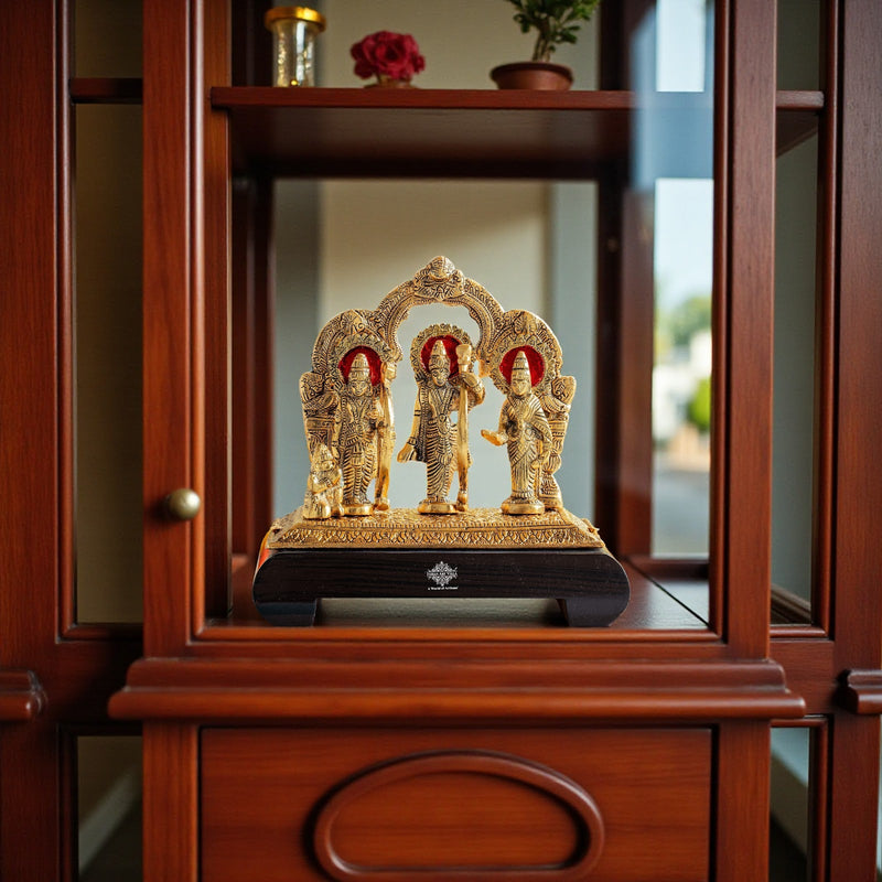 Brass Finish Ram Darbar Murti with Wooden Base for Home Temple