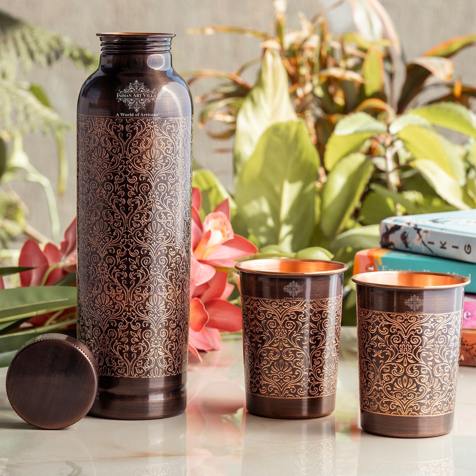 Antique Embossed Copper Bottle Gift Set – Includes 1 Designer Copper Bottle & 2 Matching Glasses | Ideal for Daily Use, Ayurvedic Health Benefits, Office Desk, Home Décor & Festive Gifting-1450 ML