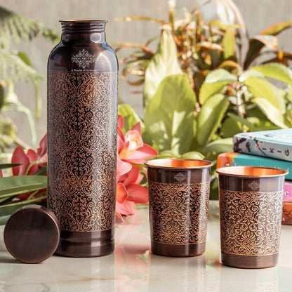 Antique Embossed Copper Bottle Gift Set – Includes 1 Designer Copper Bottle & 2 Matching Glasses | Ideal for Daily Use, Ayurvedic Health Benefits, Office Desk, Home Décor & Festive Gifting-1450 ML