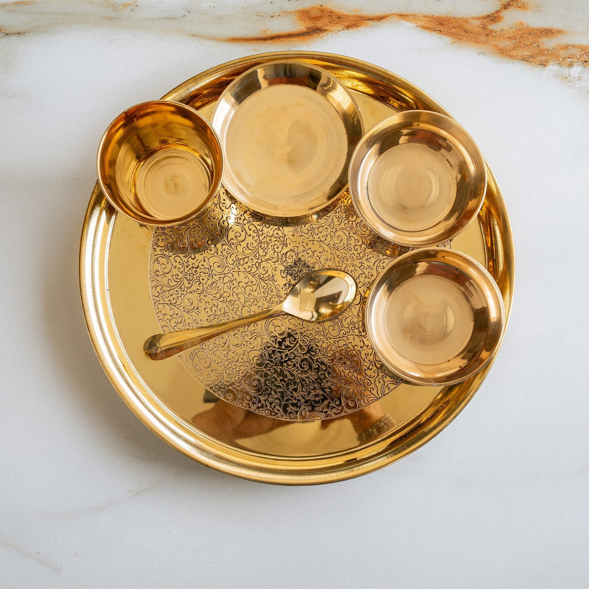 Solid Brass Dinner Set 6Pc - Thali, 2 Bowls, Plate, Spoon, Glass