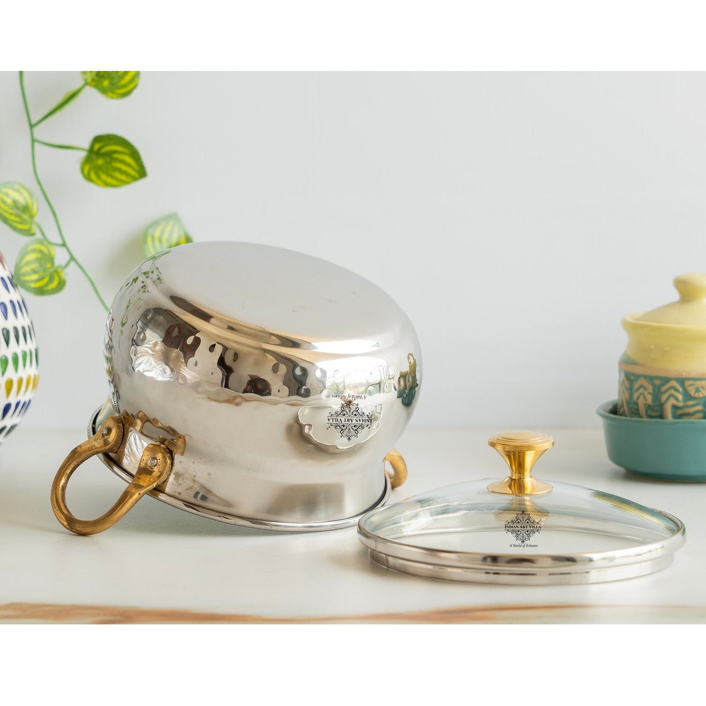 Steel Handi Hammered Design Bowl with Glass Lid Brass Knob &  Handles   – 950 ML,  Tableware & Serveware