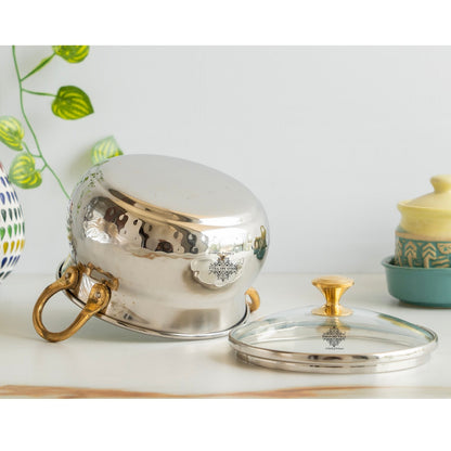 Steel Handi Hammered Design Bowl with Glass Lid Brass Knob &  Handles   – 950 ML,  Tableware & Serveware