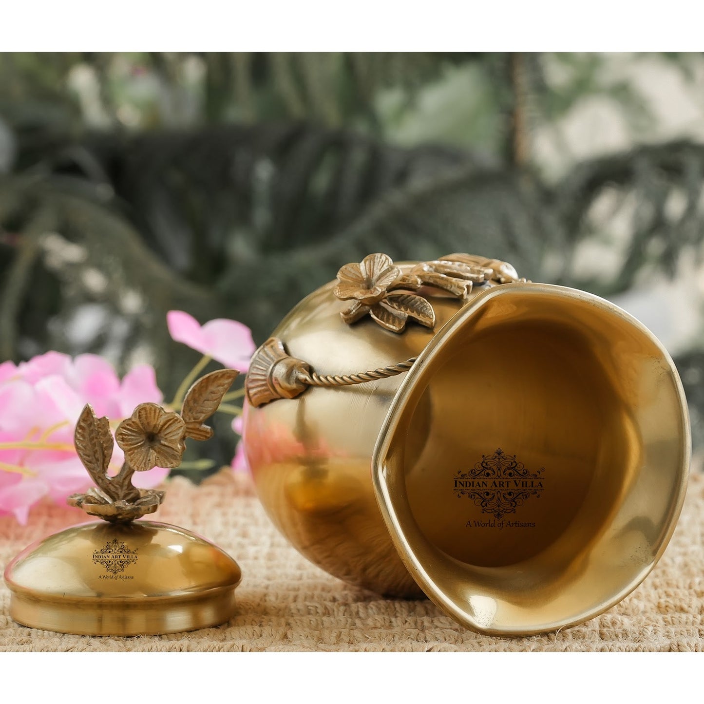 Brass Decorative Handi with Tie Design on Neck and Flower Design Lid