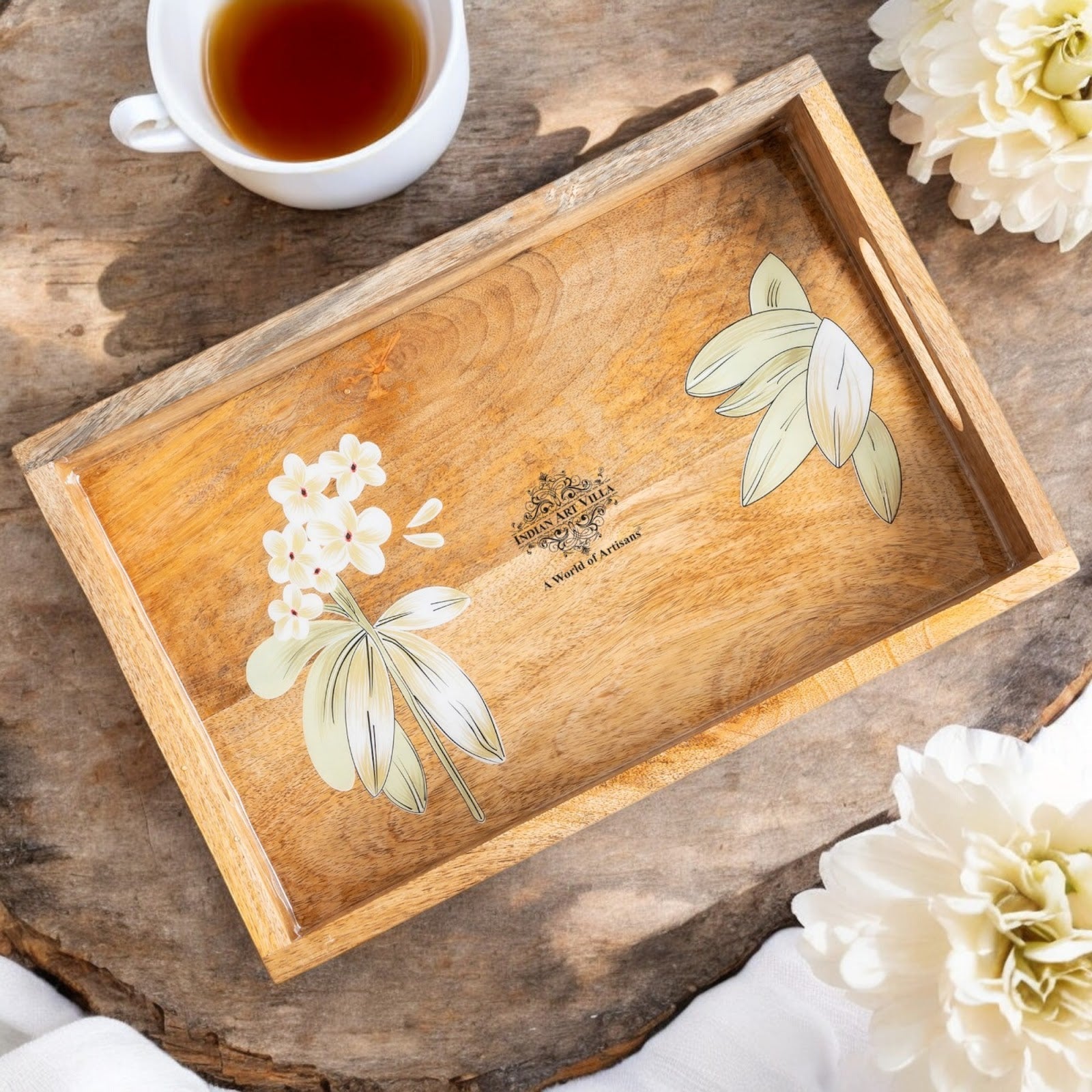 Wooden Tray with Plumeria Flower Design, Multipurpose Serving Tray for Tea, Coffee, Snacks, Home Decor, Gift Hampers