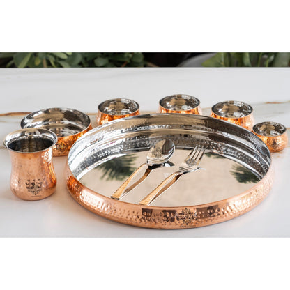 Steel Copper 9-Piece Curve Thali Set, Hammered Shine Finish- – Elegant Tableware for Traditional Dining, Perfect for Home, Restaurant, Special Occasions