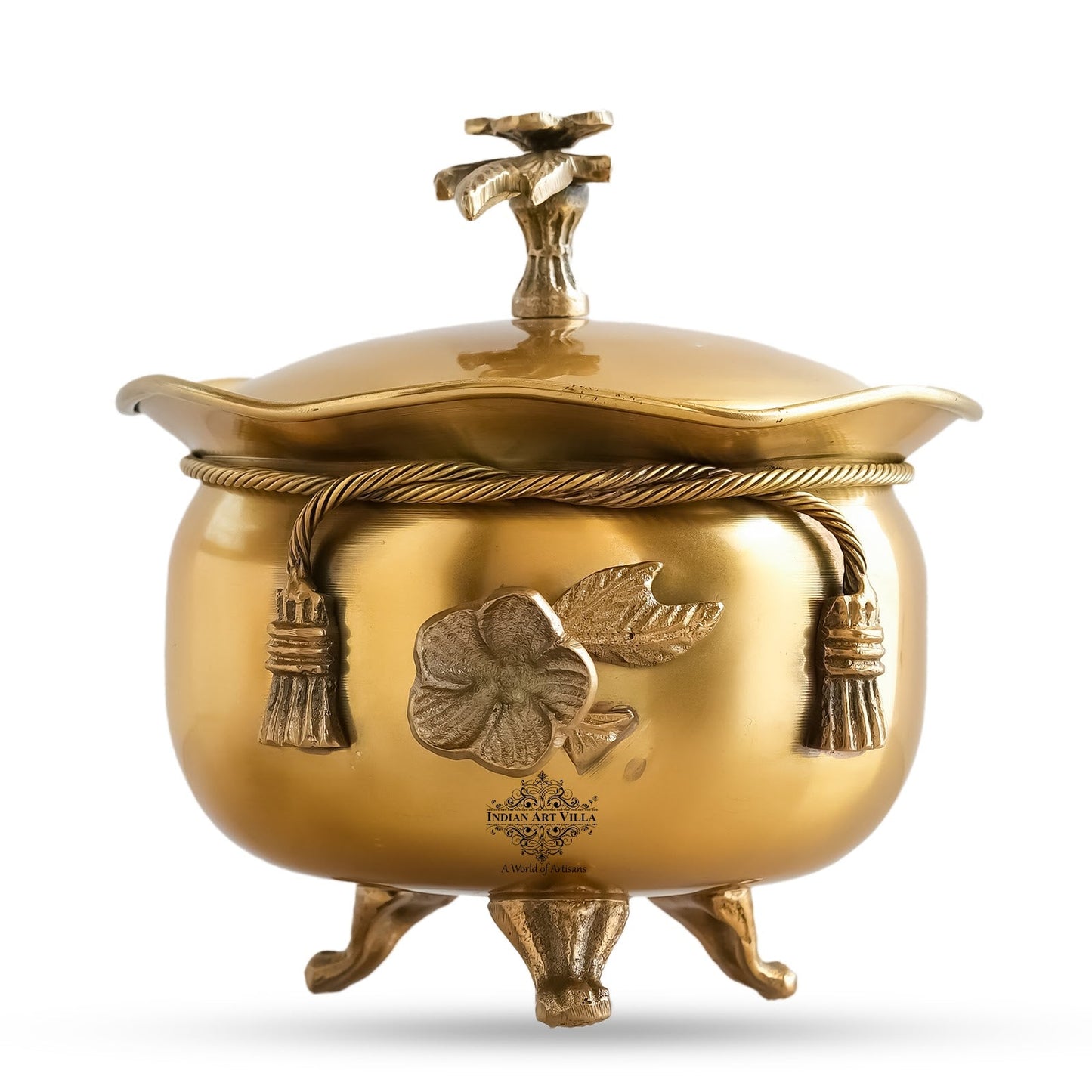 Brass Decorative Handi with Lid Neck Ribbon Bow Design  3 Legs