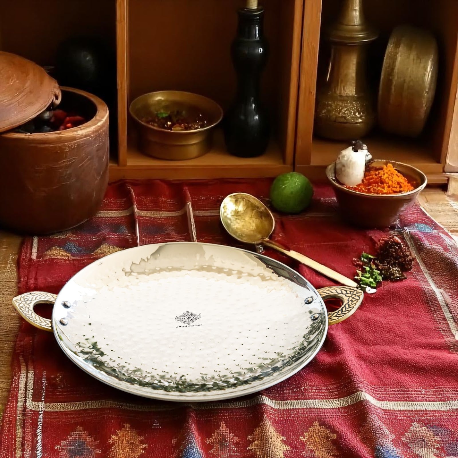 Stainless Steel Hammered Cookware Tawa With Brass Handle