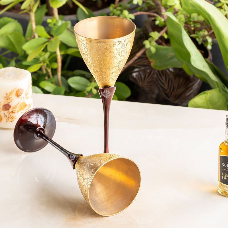 Brass champagne Embossed Glass With Black Bottom Stand - 200 ML