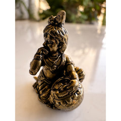 Pure Brass Miniature Bal Krishna Enjoying Makhan from a Pot Murti - 2.54cm