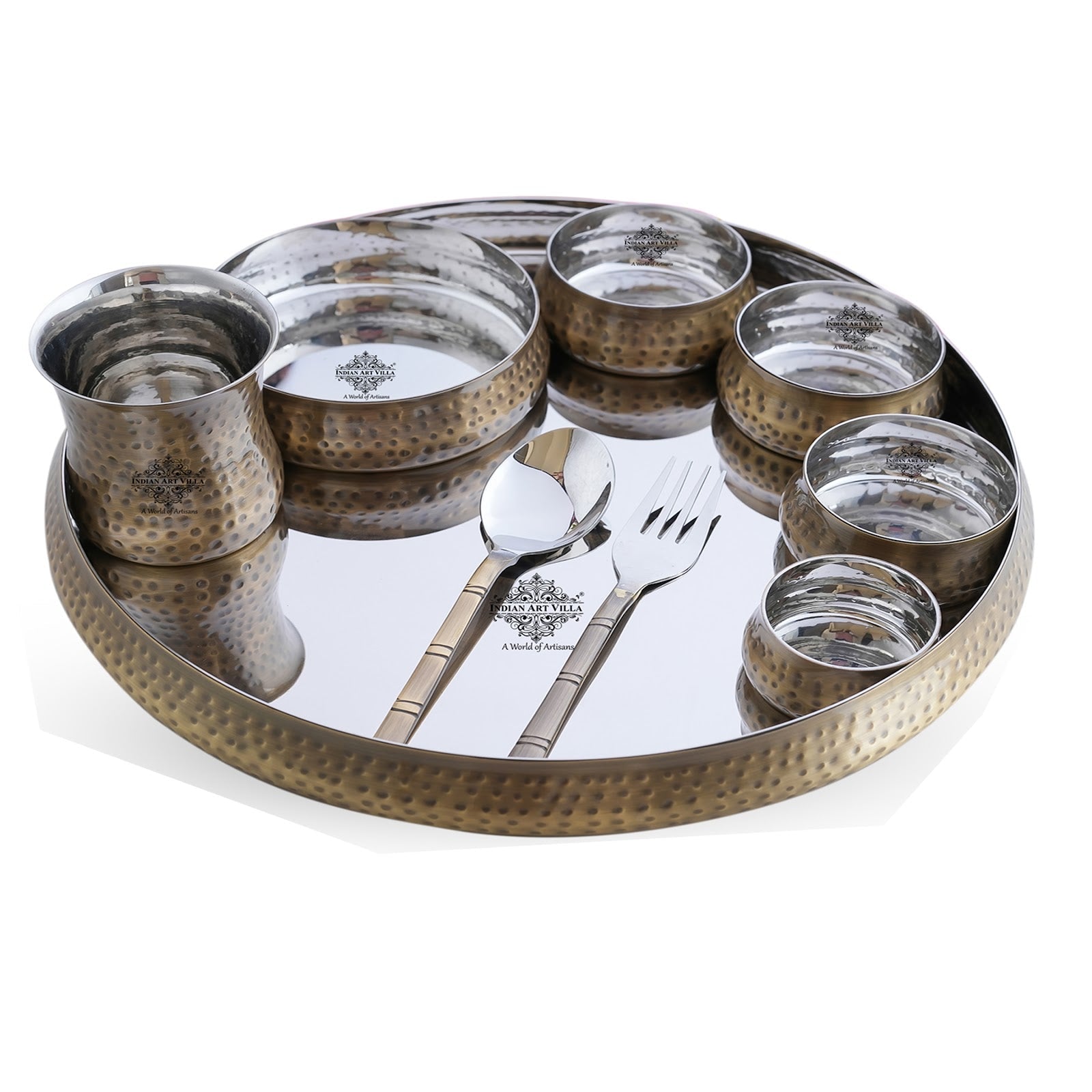 Steel Brass Curve Thali Set 9 Piece, Hammered Antique Finish Design Dinner Set