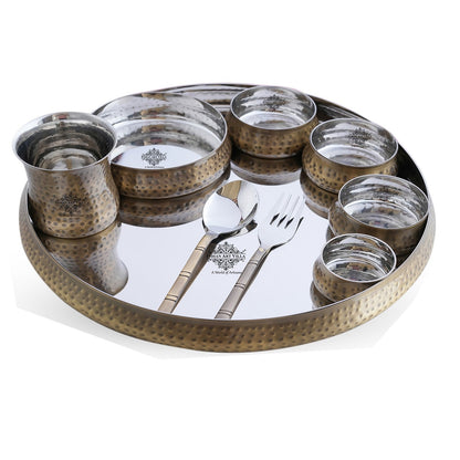 Steel Brass Curve Thali Set 9 Piece, Hammered Antique Finish Design Dinner Set